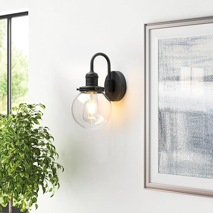 Industrial Vintage Gooseneck Wall Sconce 1-Light with 5.9” Round Clear Glass Globe Shade Indoor Wall Mounted Lamp Fixture