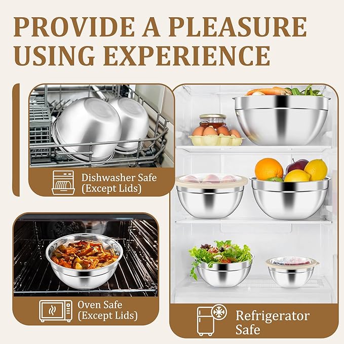 P&P CHEF Mixing Bowl with Visible Airtight Lid Set of 5, 10-Piece Stainless Steel Nesting Salad Bowl Set for Prepping, Mixing and Serving, Size 4.6, 3, 1.5, 1, 0.7 QT, Rimmed Edges & Flat Base, Khaki