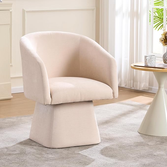 Swivel Modern Accent Chair,Luxury Fabric Upholstered Makeup Chair Comfy Barrel Chair with No Wheels,360°Rotating Vanity Armchair for Living Room Bedroom Office (White)