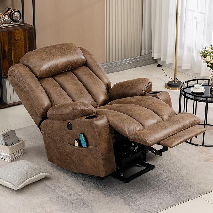 VIVIJASON Tall Man Large Power Lift Recliner Chair with Massage and Heat for Elderly, Overstuffed Wide Electric Lift Recliner with Extended Footrest, 2 Cup Holder, Side Pockets & USB Ports (Brown)