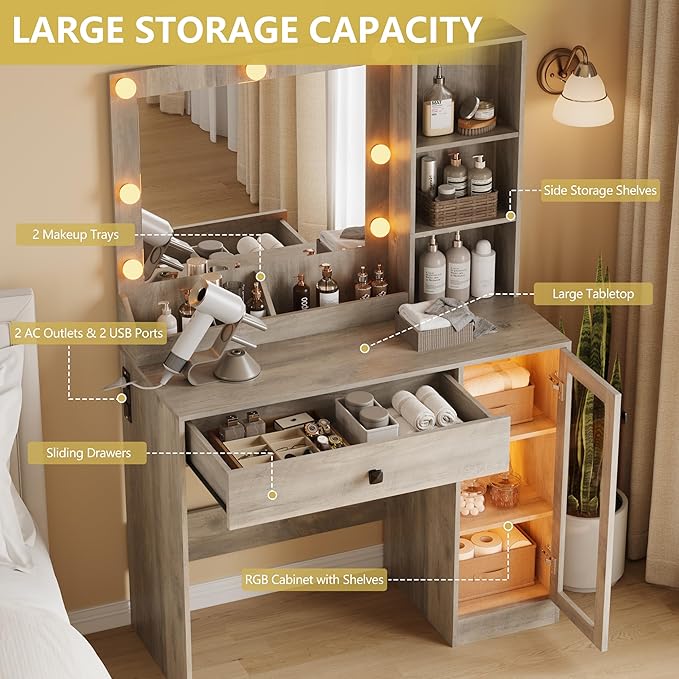 Vanity Desk with Mirror and Lights, Small Makeup Vanity Table with RGB Storage Cabinet & Power Strips & Shelves, 3 Lighting Modes & Adjustable Brightness, Dressing Table for Women Girls Bedroom, Grey