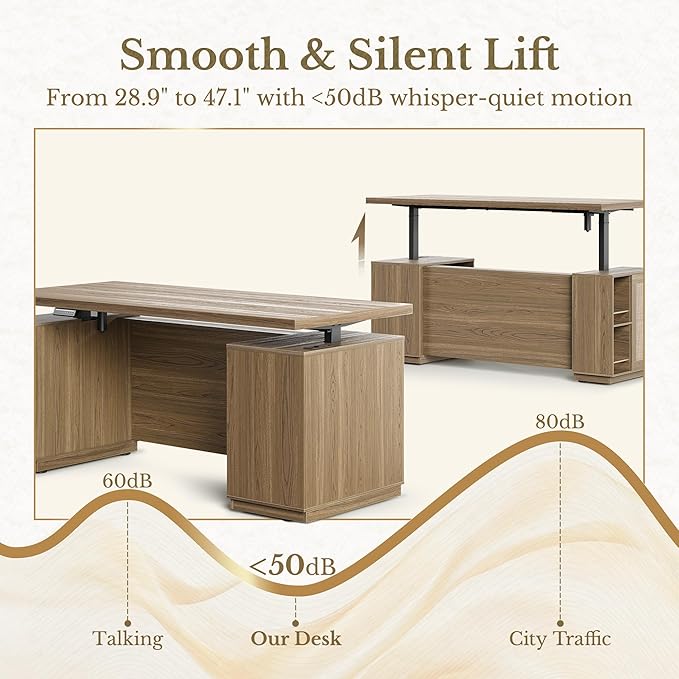 70 Inch Executive Standing Desk with File Cabinet, L Shaped Electric Height Adjustable Desk with AC/USB and Privacy Panel, Computer Corner Table for Home Office, Natural Oak