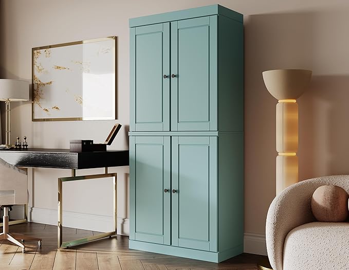 Palace Imports Solid Wood Bookcase - 6-Shelf Tall Bookshelf, 71.5” H x 32” W - Aqua, Wooden Cabinet Doors, Adjustable Shelves, 100% Renewable Eco-Friendly Wood, Made in Brazil