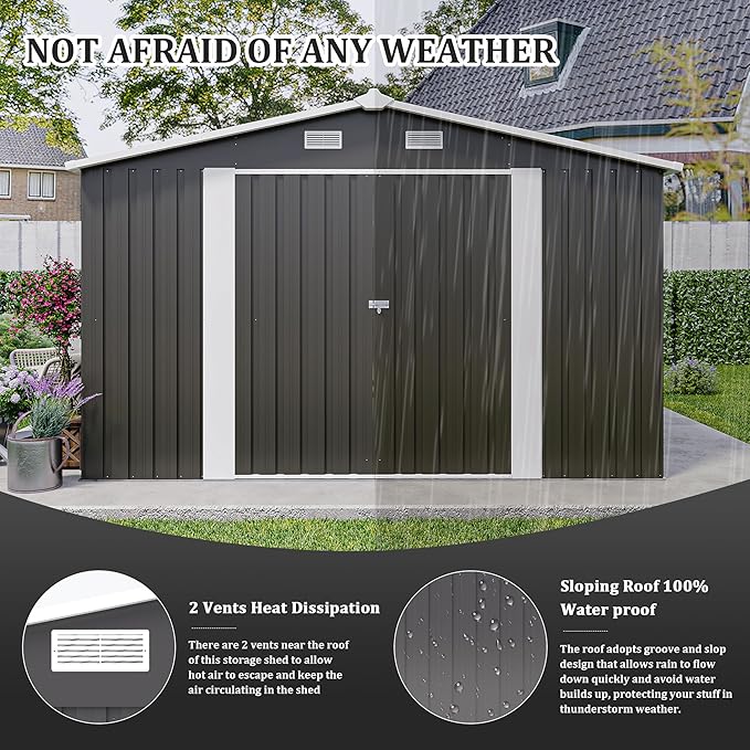 10 x 14 FT Outdoor Storage Shed, Metal Garden Tool Shed with Slooping Roof, Lockable Doors, All-Weather Bike Shed Easy to Assemble for Backyard, Patio, Lawn, Black+Grey
