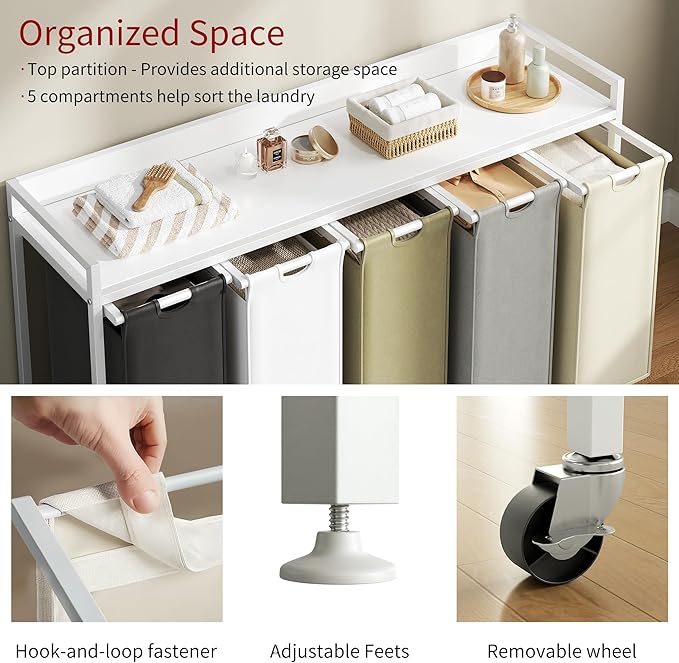 Laundry Hamper with Shelf, Laundry Basket 5 Section, Laundry Sorter with Pull-Out Removable Large 5 Color Bags and Movable Wheels, Metal Frame, 5 x 15.87 Gallons (60L), White PF08XLE