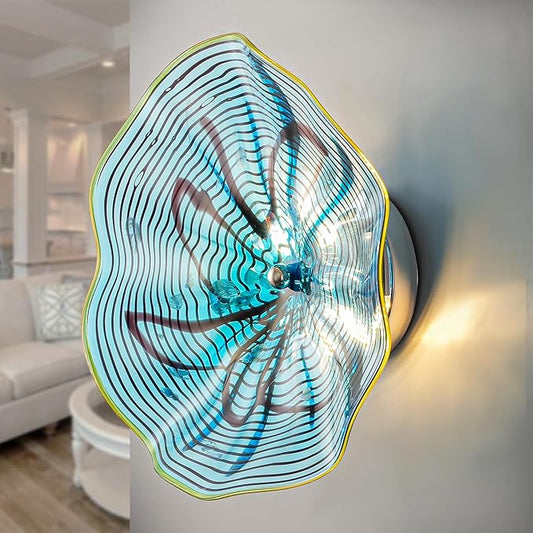 Hand Blown Glass Plate Wall Decor, Modern Unique Glass Wall Art, Lotus Leaf Wall Plate Shape Wall Sconce with Transparent and Easy to Clean for Staircase, Living Room, Kitchen, Hallway (Blue-3)