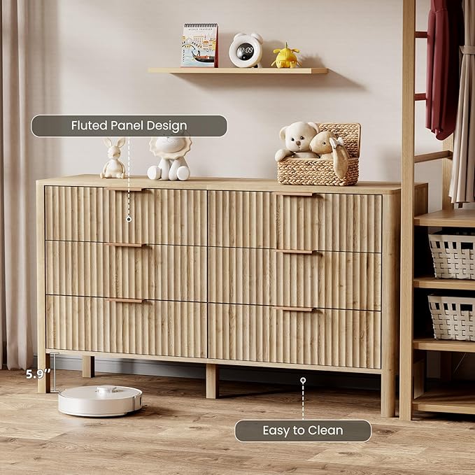 55" Wide Fluted 6 Drawer Dresser for Bedroom, Wooden Dresser Modern Chest of Drawers TV Stand Dressers with Organizer Storage for Bedroom, Living Room, Entryway, Oak