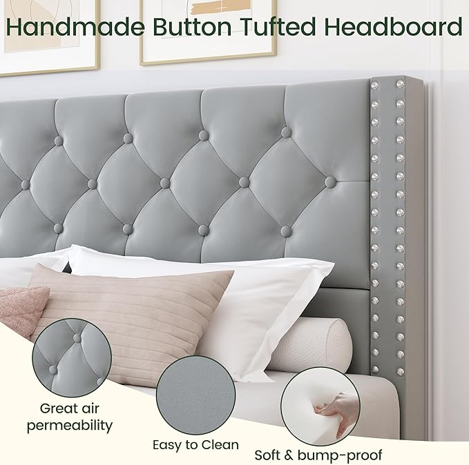 Queen Size Bed Frame Upholstered Platform Bed with 4 Storage Drawers and Tufted Headboard Velvet Bed Frame with Heavy Duty Wood Slats, No Box Spring Needed, Easy Assembly, Bluish Grey