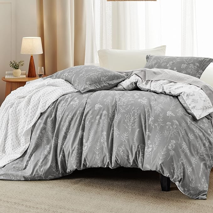 Bedsure Queen Comforter Set - Grey Bed Set, 3 Pieces Cute Floral Bedding, 1 Soft Reversible Botanical Flowers Comforter and 2 Pillow Shams