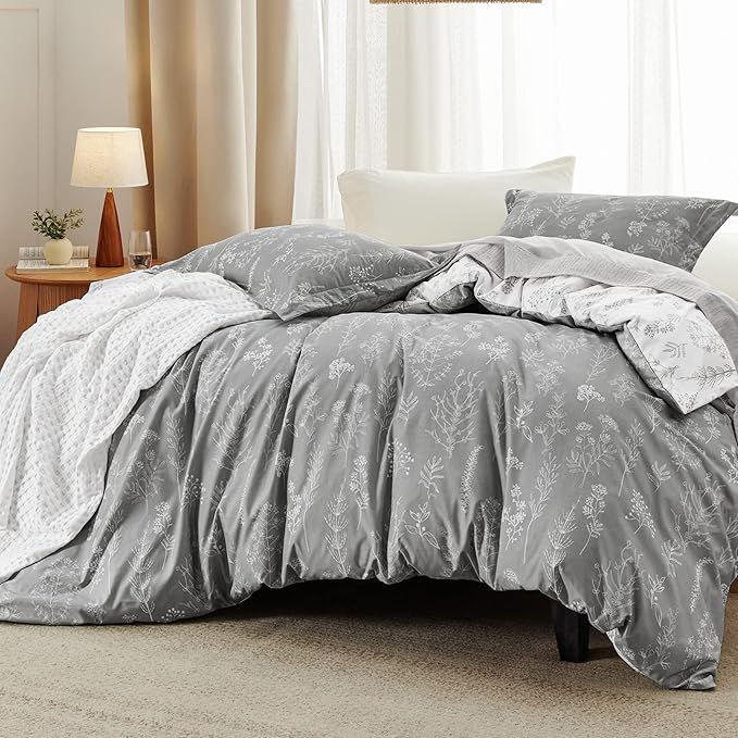 Bedsure California King Comforter Set - Grey Bed Set, 3 Pieces Cute Floral Bedding, 1 Soft Reversible Botanical Flowers Comforter and 2 Pillow Shams
