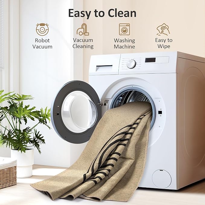 Easy Jute Runner Rug 2x6, Washable 2x6 Kitchen Mat Non Slip Entryway Runner, Farmhouse Rainbow Pattern Indoor Outdoor Carpet for Hallway Porch Entryway, Light Brown/Black