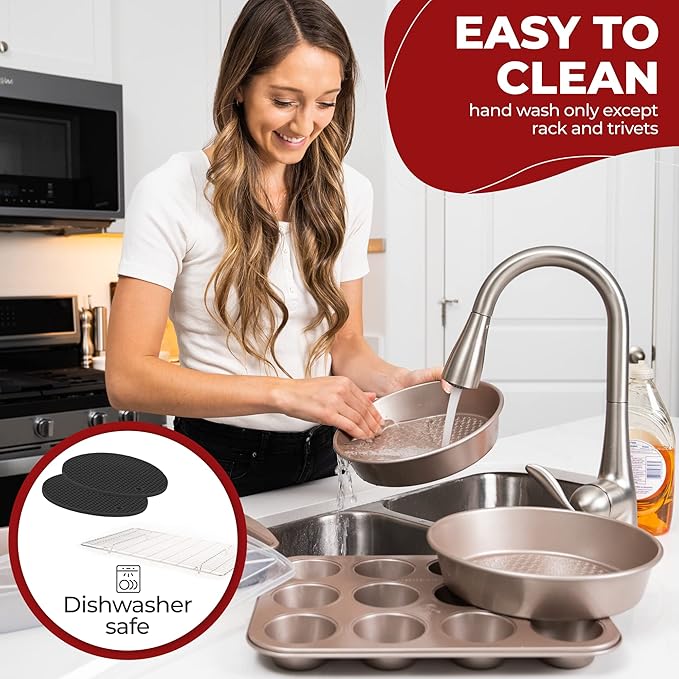 KITCHENATICS 12-Piece Carbon Steel Baking Pans Set Nonstick, Kitchen Essentials for New Home, Nonstick Bakeware Sets w/Cake Pans, Muffin Pan Set, Oven Pan - Stackable Bakeware Set, Champagne Gold