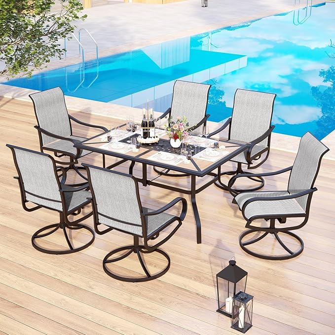 MFSTUDIO Outdoor Patio Dining Set for 6, Patio Table and Chairs Set for Deck/Backyard/Poolside/Garden, 7 Piece Outdoor Patio Furniture Set with Umbrella
