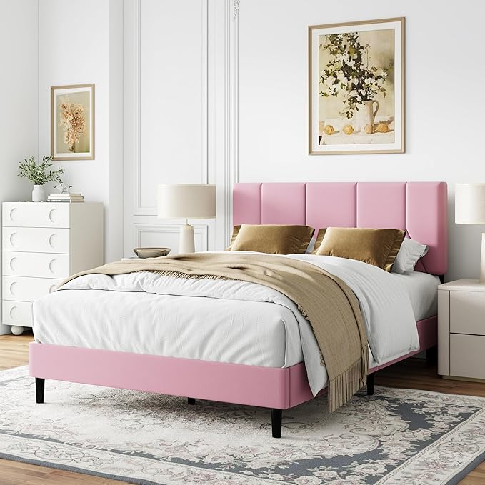 Full Size Bed Frame, Platform Bed Frame with Velvet Upholstered Headboard, Fully Upholstered Mattress Foundation with Strong Wooden Slats, No Box Spring Needed, Noise Free, Easy Assembly