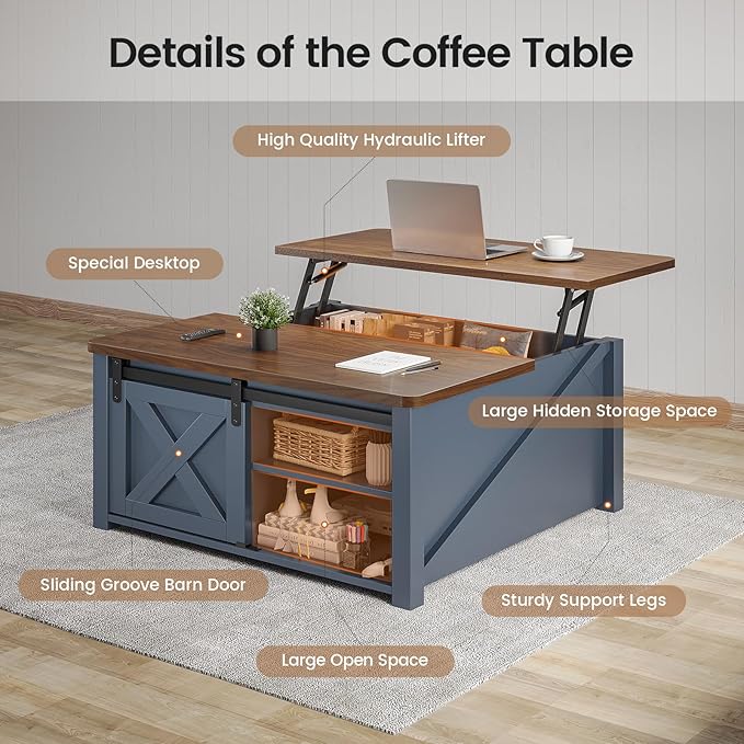 SEDETA 31.5" Lift Top Coffee Table with Storage, Square Coffee Tables for Living Room, Farmhouse Coffee Table with Large Hidden Storage Compartment and Adjustable Shelves, Blue