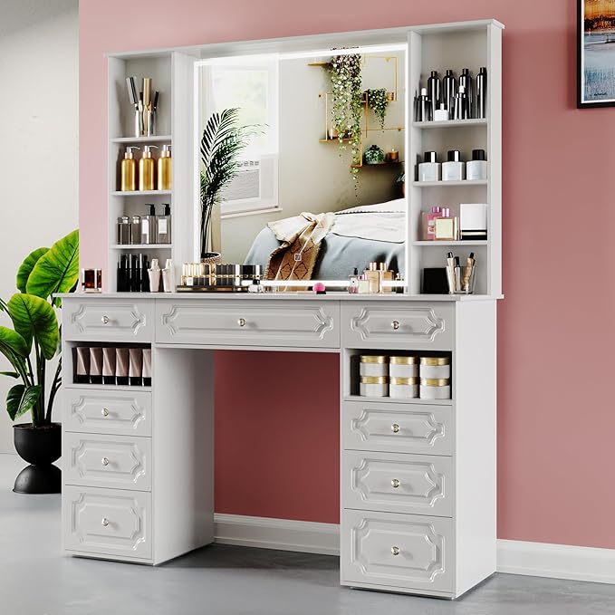 Makeup Vanity with Lighted Mirror, 47" Large Vanity Desk with 9 Drawers & 10 Open Storage Shelves, Brightness Adjustable, Dressing Table for Bedroom, Women Girl (White, B Panel)