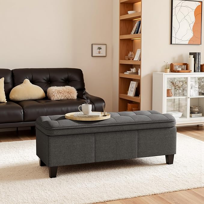 YESHOMY 47 Inches Ottoman with Storage, Storage Bench with Legs, Ottomans for Living Room, Entryway, Adjustable & Movable, Easy Assembly, Linen Fabric Dark Gray