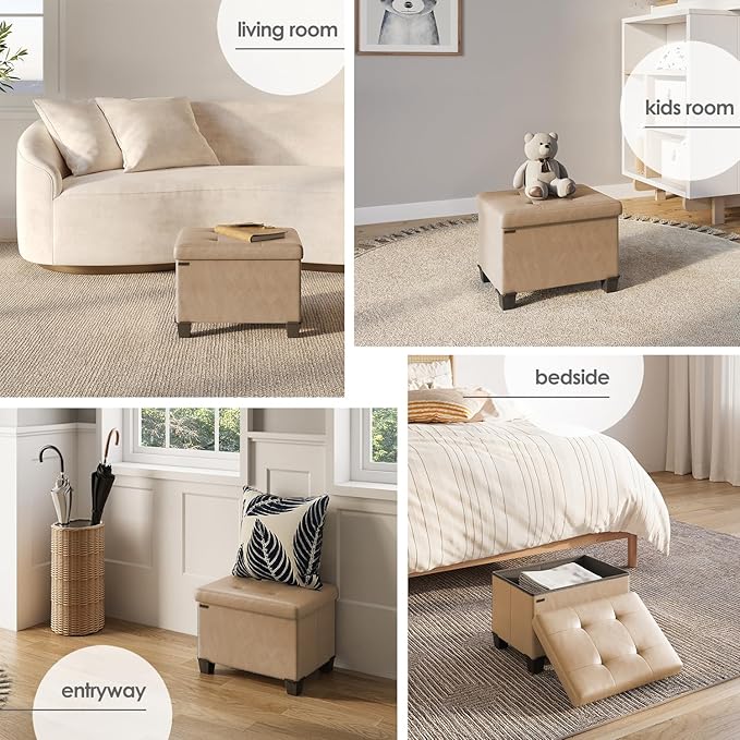 STORAGEBUD Storage Ottoman Cube with Small Bin, 16-in Square Ottoman with Storage for Living Room and Bedroom, Small Ottomans Foot Rest, Faux Leather Foot Stools Ottomans Max 330lbs, Taupe