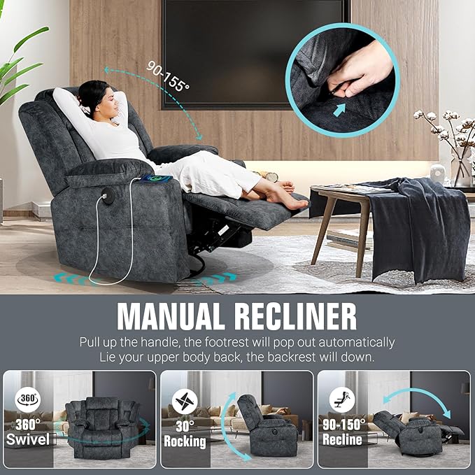 LEVELEVE Retro Rocking Recliner Chair, Massage Rocker Recliner Chair with Vibration Massage and Heat, USB and Type-C Ports,360° Swivel Chairs,Living Room, Bedroom, Nursery, RV, Dark Grey