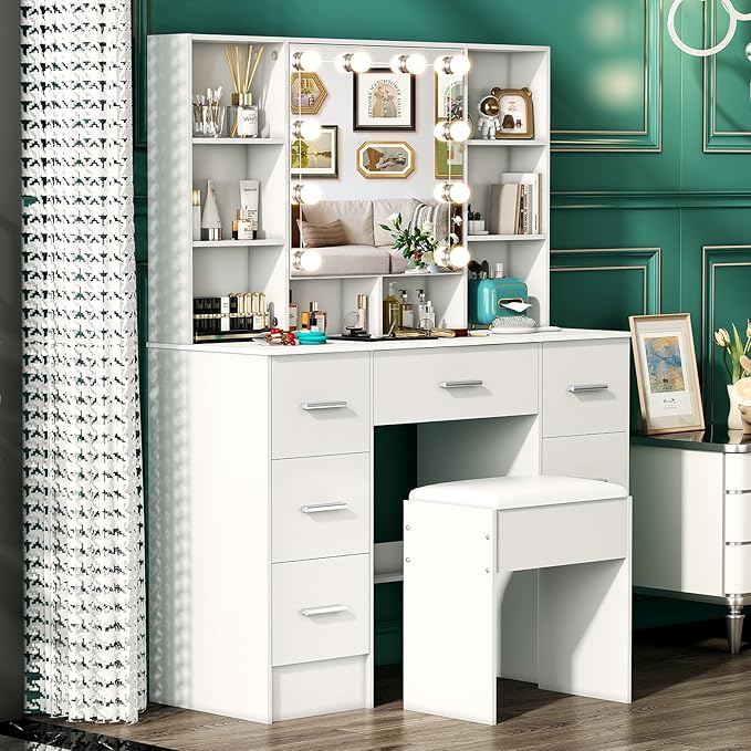 White Vanity Desk with Mirror and Lights, 3 Color and Brightness Adjustable Makeup Flip Mirror with Lights, Bedroom Dressing Table Vanity Stool Set and 7 Storage Drawers & 9 Shelves