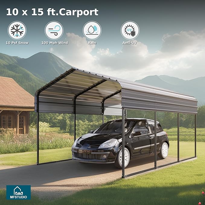 MFSTUDIO Carport 10x15 ft, Outdoor Heavy Duty Carports with Sidewalls, Metal Shed Canopy Shelters Garage Shelter Shade Car Ports with Galvanized Roof for Cars, Truck and Boats
