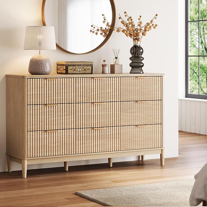 LINSY HOME Fluted Dresser for Bedroom with 9 Drawers, 58" Wide Chest of Drawers, Mid Century Modern Dresser TV Stand with Metal Handle, Wood Closet Storage Cabinet for Living Room, Hallway, Oak