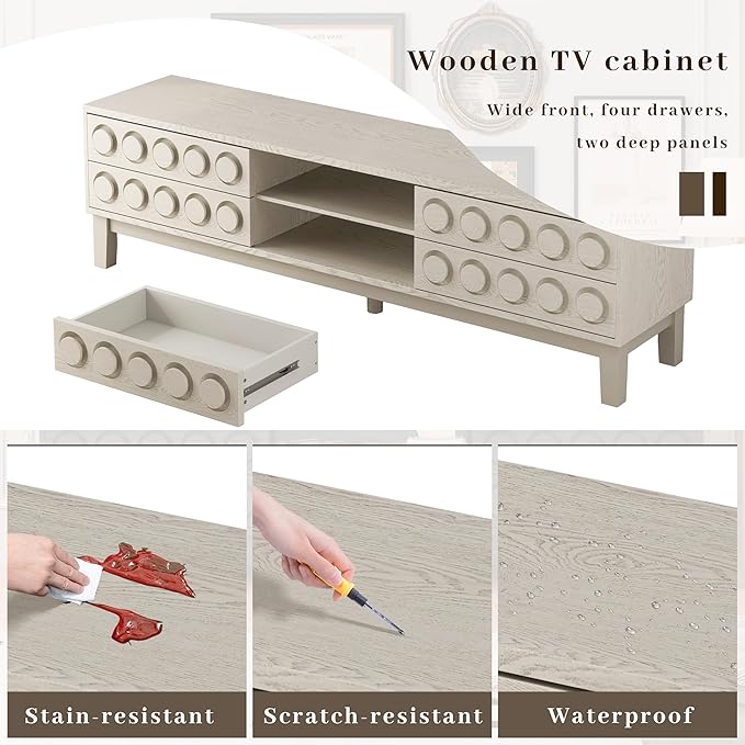 70" Modern TV Stand, Entertainment Center for Tvs up to 75", Unique Circular Design, TV Media Console with 4 Drawer & Open Storage for Living Room (White)