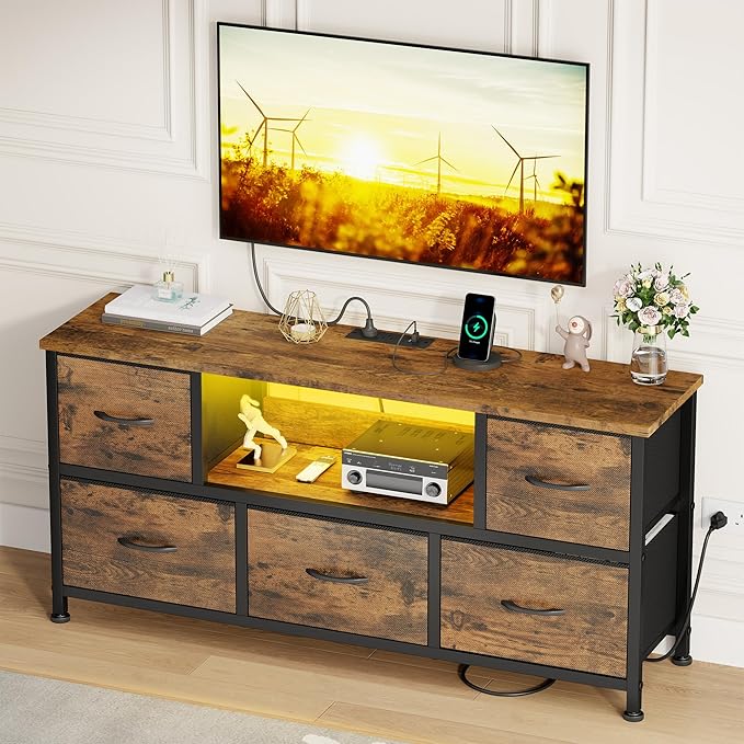 Lulive TV Stand for Living Room, LED Rustic Brown Dresser for Bedroom with 5 Fabric Drawers,43 55in TV Stand with Power Outlet, Entertainment Center with Open Shelf