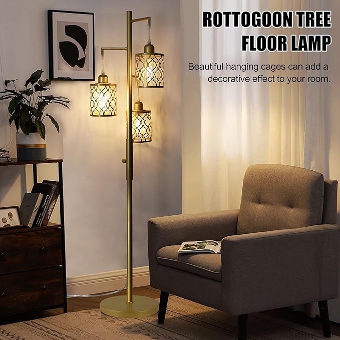 ROTTOGOON 68" Gold Floor Lamp, Dimmable Industrial Floor Lamps for Living Room, 3 Light Rustic Standing Tall Lamp Including 3 PCS 6W E26 Bulbs, Farmhouse Tree Floor Lamp for Bedrooms, Office, Bar