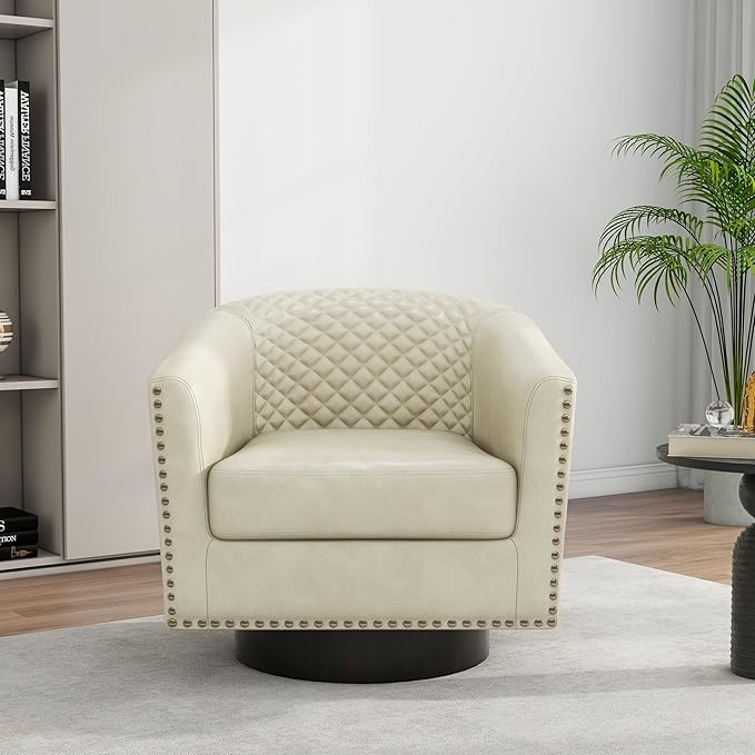 Swivel Barrel Accent Chair, Comfy Modern Upholstered Round Faux Leather Arm Chair for Living Room, Bedroom（Beige, Set of 1