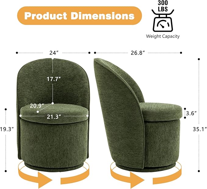 YOUNIKE Vanity Bench Boucle Fabric Green Solid Wood Swivel Accent Chair with Backrest Easy Assembly Dressing Stool for Bedroom & Makeup Room