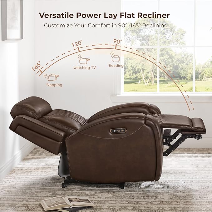 CHITA Genuine Leather Recliner Chair for Adults with Adjustable Power Headrest, Lay Flat Power Recliner with Slide-Out Cupholders & USB/Type-C Ports, Living Room Chair, Brown
