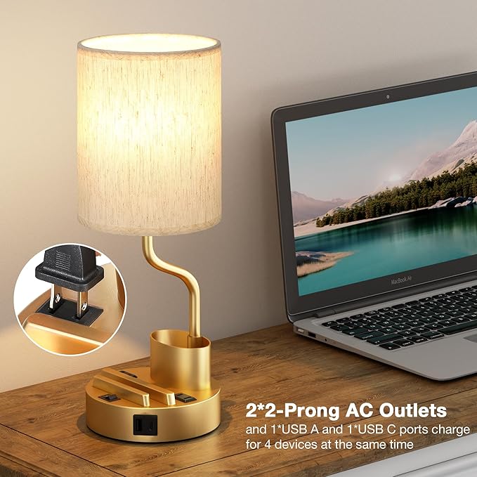 Gold Bedside Table Lamps for Bedroom Set of 2 - Nightstand Light with AC Outlet and USB A & C for Charging, 3 Color Temperatures Desk Lamp with Pen Holder & Phone Stand for Living Room/Dorm/Office