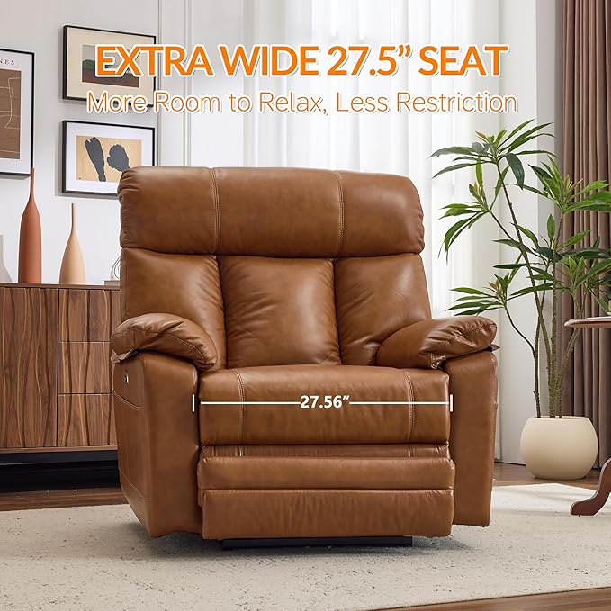 AEDI 450lbs Genuine Leather Power Recliner Chair for Big and Tall Adults Oversized Electric Reclining Sofa for Living Room,Extra Wide 27.5” Seat,Extended Footrest,USB Charging(Top Grain Leather,Camel)