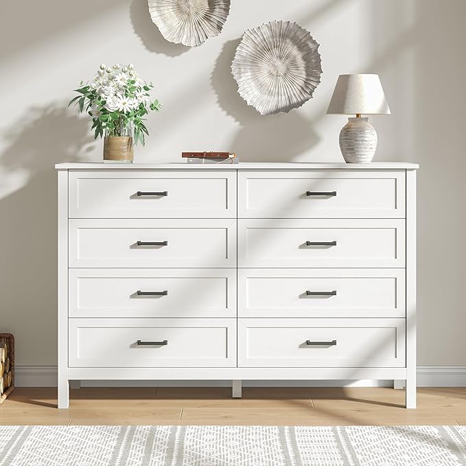 Farmhouse 8 Drawers Dresser for Bedroom, 55 Inch Wood Rustic Wide Chest with Natural Texture, Large Dressers for Bedroom, Hallway, Entryway, White