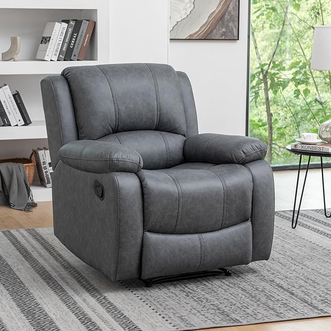 Manual Recliner Chair for Adults, Reclining Chairs, Breathable Leather Single Sofa with Adjustable Backrest, Modern Push Back Wingback Lounge Armchair for Living Room (Grey)