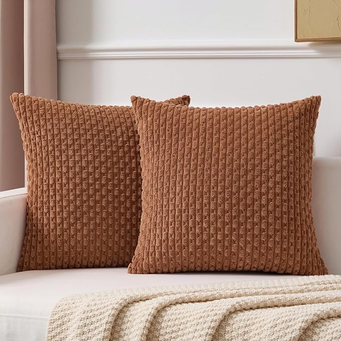 Kevin Textile Fall Decorative Pillow Covers Set of 2 Striped Plush Corduroy Pillows Pillowcases Boho Home Decor Cushion Covers for Couch Sofa Bed Living Room 18x18 Inch, Burnt Orange