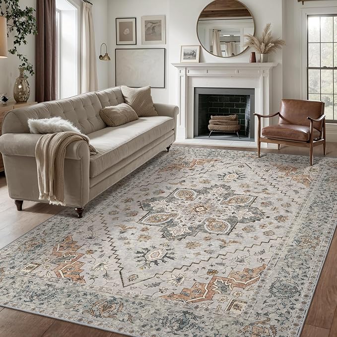 Tangsoo 5x7 Area Rug Washable Rug for Living Room, Vintage Indoor Non Slip Large Area Rugs, Print Distressed Taupe Carpet, Soft Low Pile Rug Foldable Floor Rugs for Bedroom Dining Room Dorm