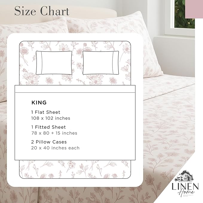 Linen Home 100% Cotton Printed Percale Sheets King Size, Deep Pocket, 4 Pieces Set - 1 Flat, 1 Deep Pocket Fitted Sheet and 2 Pillowcases, Crisp Cool and Strong Bed Linen, Mauve Botanical Floral