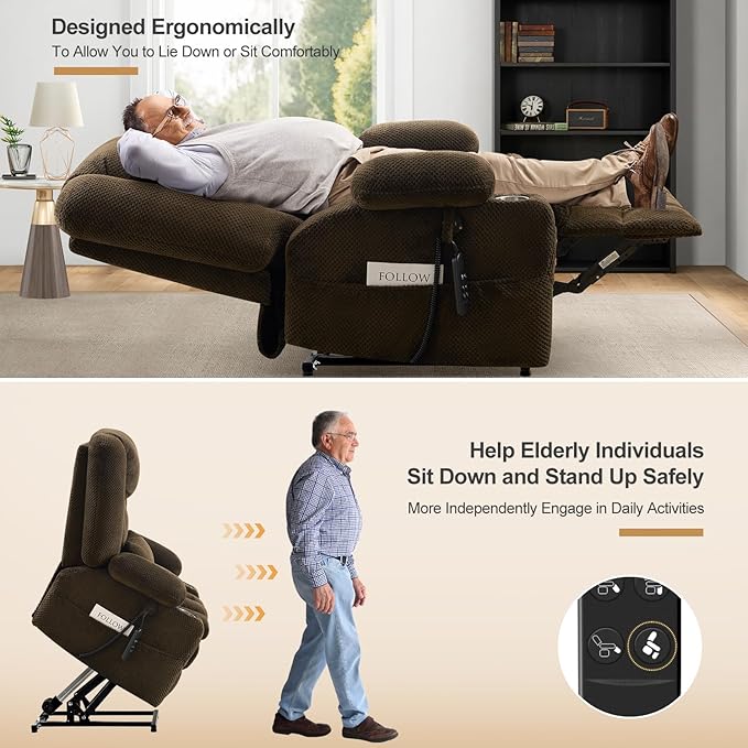 Large Dual Motor Power Lift Recliner Chair with Massage and Heat for Big Elderly People,USB & Type C Ports,Oversized Electric Lay Flat Recliners,Infinite Position,Side Pockets,Cup Holders(Brown)