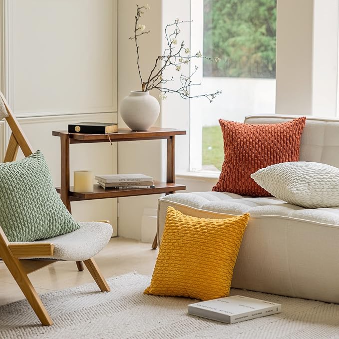 Kevin Textile Fall Pack of 2 Corduroy Decorative Throw Pillow Covers 22x22 Inch Soft Boho Striped Pillow Covers Modern Farmhouse Home Decor for Spring Sofa Living Room Couch Bed Burnt Brick