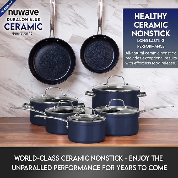 Nuwave Healthy Duralon Blue Ceramic Nonstick Cookware Set, Diamond Infused Scratch-Resistant, PFAS Free, Dishwasher & Oven Safe, Induction Ready & Evenly Heats, Tempered Glass Lids & Stay-Cool Handles