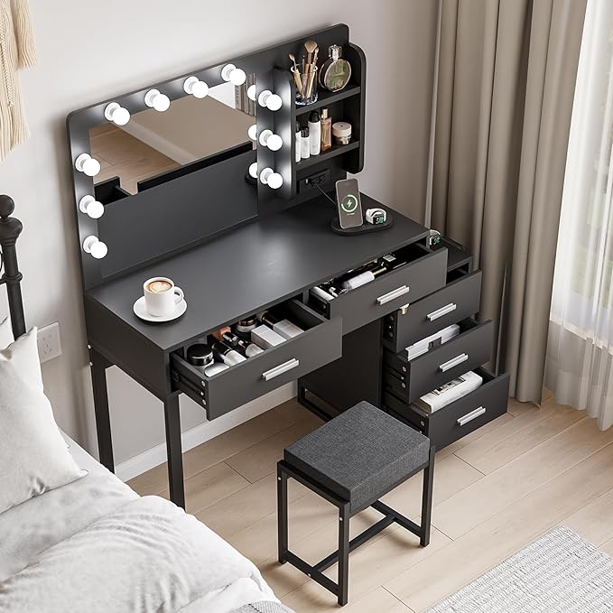Semiocthome Makeup Vanity Desk with Mirror and Lights, Make Up Vanity Table Set with Power Outlet, Shelves and 5 Drawers, 3 Lighting Modes & Adjustable Brightness Dressing Table with Chair - Black