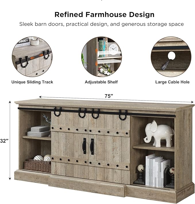 OKD 75" Farmhouse TV Stand for TVs Up to 85 Inches, Large Rustic Entertainment Center with Sliding Barn Door, Tall Highboy Media Console Table with Storage Cabinet for Living Room, Light Rustic Oak