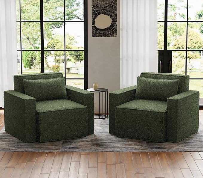 ELUCHANG Oversized Accent Chair,Modern Boucle Sofa Chair with Strong Wood Frame,High Supportive & Soft Sponges,Comfy Upholstered Armchair Reading Chairs for Living Room Apartment Small Spaces Green