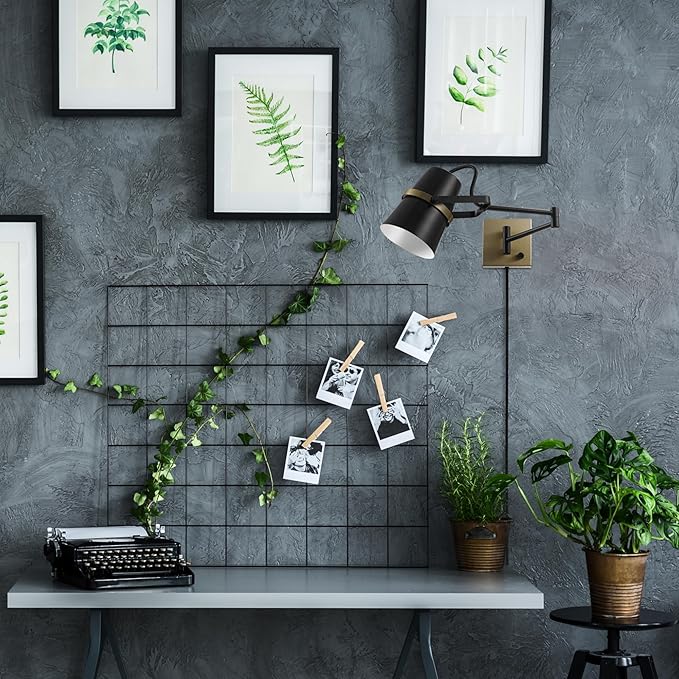 GLOBE Electric 51345 1-Light Plug-in or Hardwire Swing Arm Wall Sconce, Matte Black, Brass Accents, 6ft Black Woven Fabric Cord, Flat Plug, Rotary On/Off Switch, Wall Lighting, Bulb Not Included