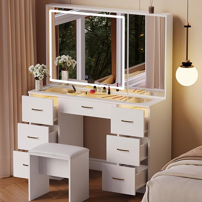 Galss Top Vanity Desk with Mirror and Lights, Large Storage Makeup Vanity with 7 Drawers, White Vanity Table with Side Glass Cabinet, Adjustable Brightness Dressing Table Set with Stool