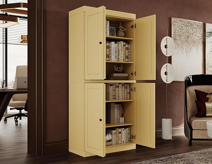 Palace Imports Solid Wood Bookcase - 6-Shelf Tall Bookshelf, 71.5” H x 32” W - Yellow, Wooden Cabinet Doors, Adjustable Shelves, 100% Renewable Eco-Friendly Wood, Made in Brazil