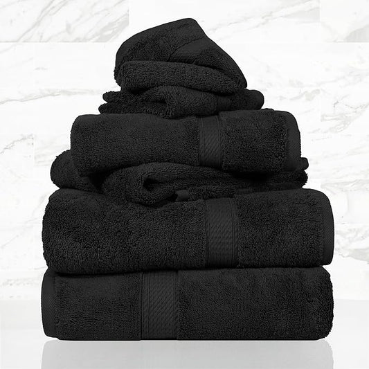 Superior Egyptian Cotton Pile 6 Piece Towel Set, Includes 2 Bath, 2 Hand, 2 Face Towels/Washcloths, Ultra Soft Luxury Towels, Thick Plush Essentials, Guest Bath, Spa, Hotel Bathroom, Black