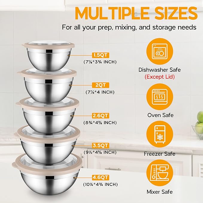 Mixing Bowl Set of 5 for Kitchen, Stainless Steel Metal Nesting Mixing Bowls with Khaki Lids – Size 1.5, 2, 2.6, 3.5, 4.6QT